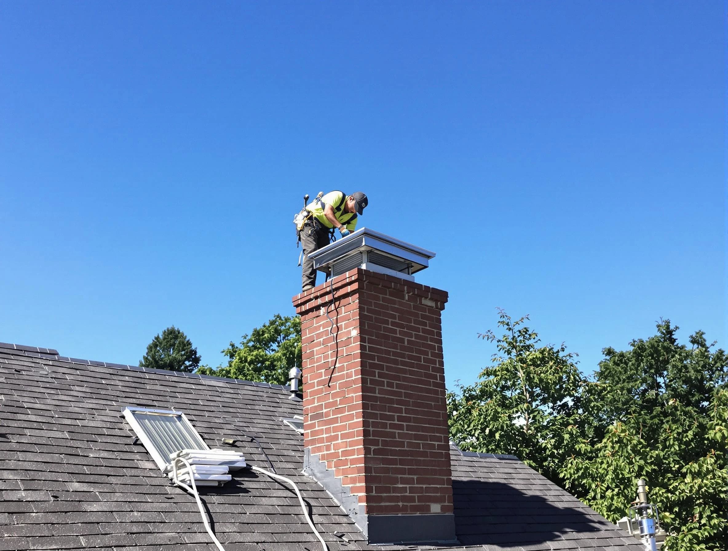 Mansfield Chimney Sweep technician measuring a chimney cap in Mansfield, MA