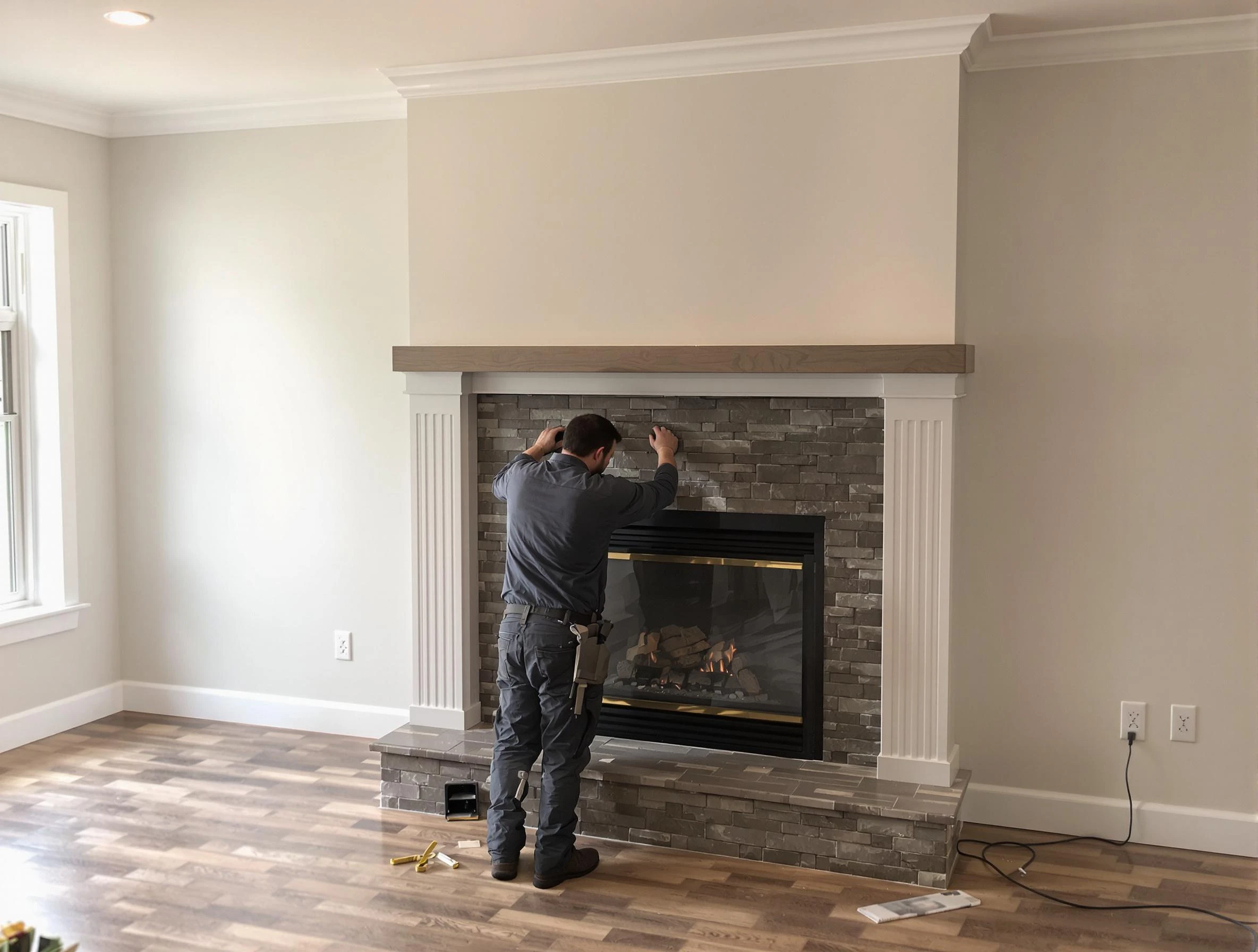 Mansfield Chimney Sweep finishing a custom fireplace install in Mansfield, MA